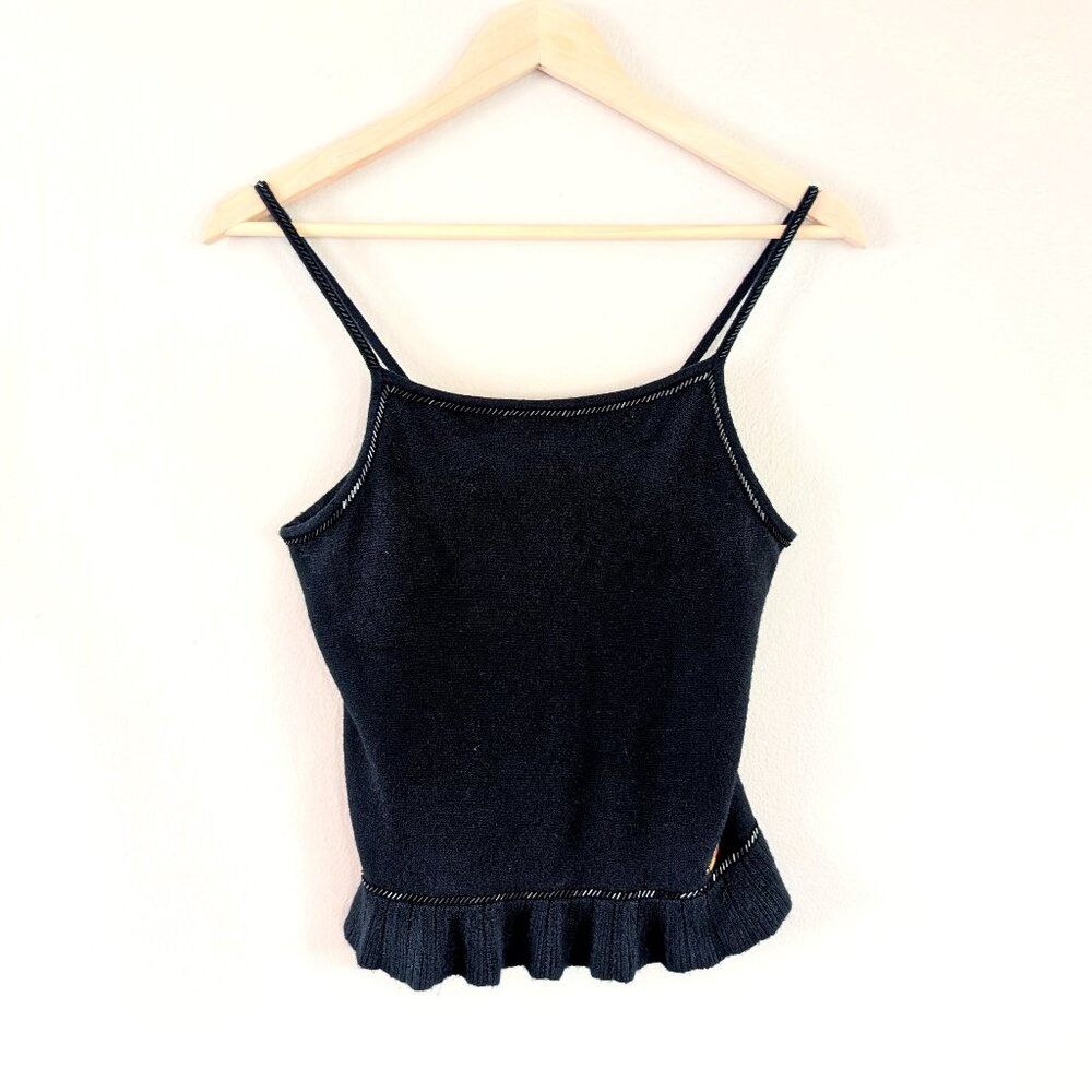 Tommy Hilfiger Black Y2K Beaded Knit Camisole Top Ruffle Peplum Spaghetti SP
